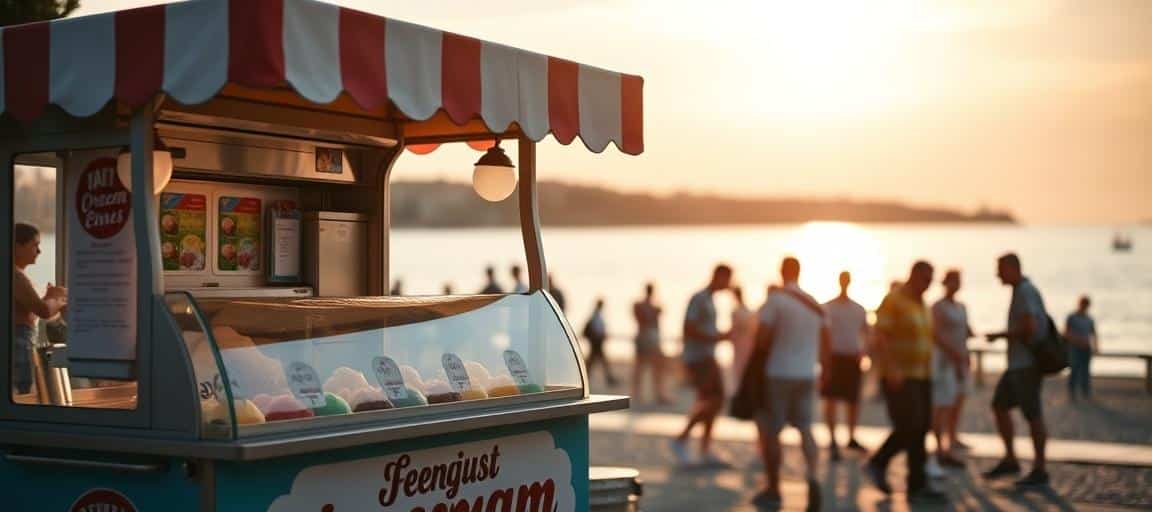 La vente en action au bord de l'eau — ouvrir camion de glace guide