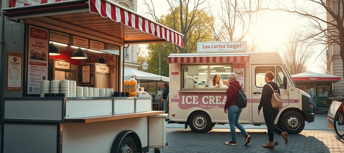 Vente en situation : ambiance du marché estival — ouvrir camion de glace guide