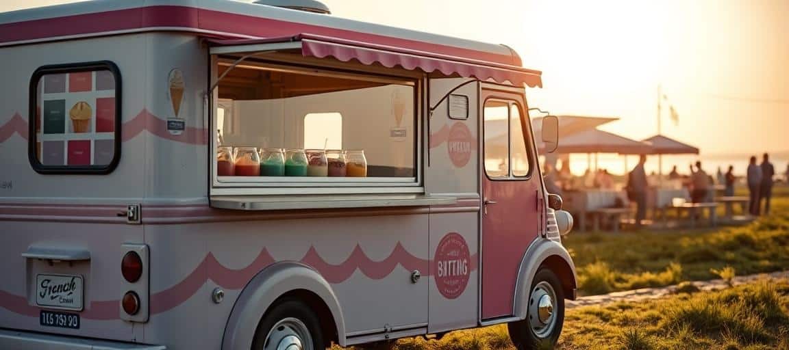 Sorbets dans un camion de glace : vue d'ensemble — machine glace italienne camion