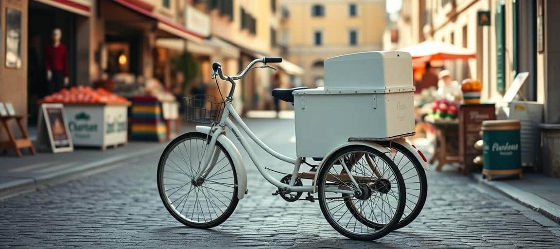 Vue d'ensemble du triporteur à glaces — machine glace italienne camion