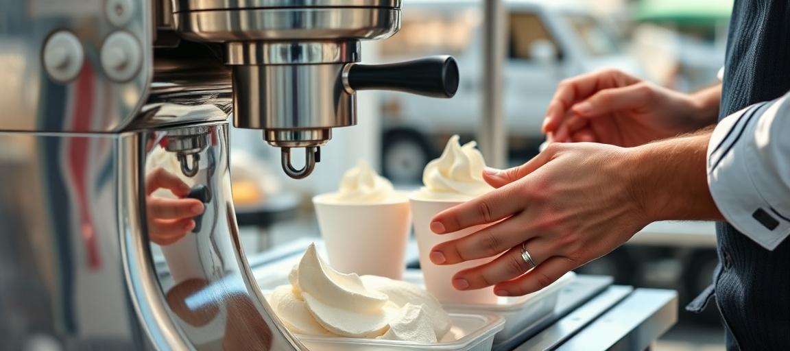 Détails techniques et matériel de vente nautique — machine glace italienne camion