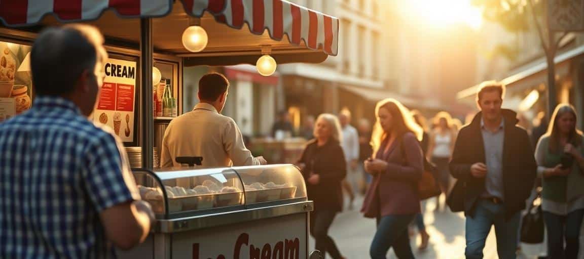 Situation de vente sur marché ambulant — machine glace italienne camion