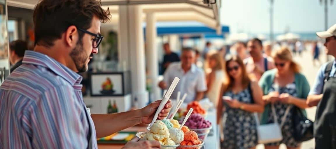 Vente et présentation des sorbets — machine glace italienne camion