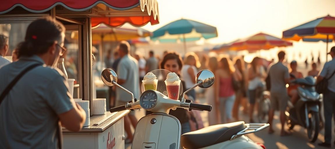 En action sur le marché ou à la plage — machine glace italienne camion
