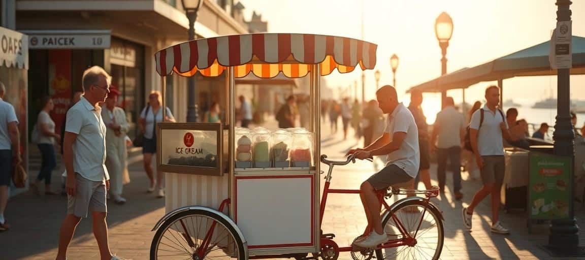 Triporteur en action sur marché estival — machine glace italienne camion