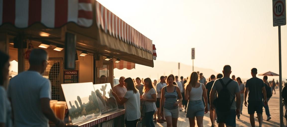 Ambiance de vente en marché estival — ouvrir camion de glace guide