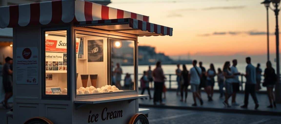 Vente en ambulant sur marché ou bord de mer — machine glace italienne camion