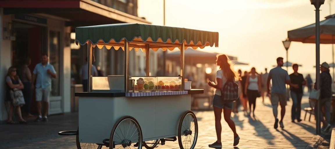 Situation de vente en marché ambulant respectant normes — machine glace italienne camion