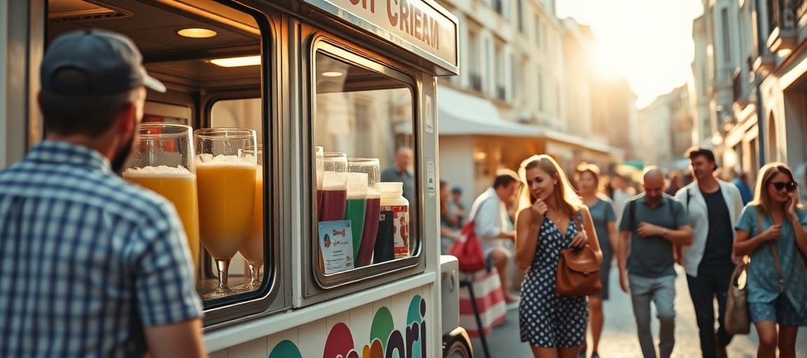 Succès commercial et clientèle estivale — machine glace italienne camion