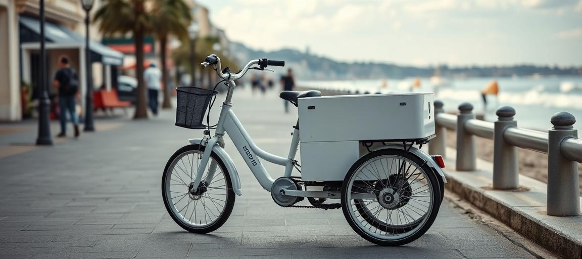Triporteur électrique : vue d'ensemble et batterie — machine glace italienne camion