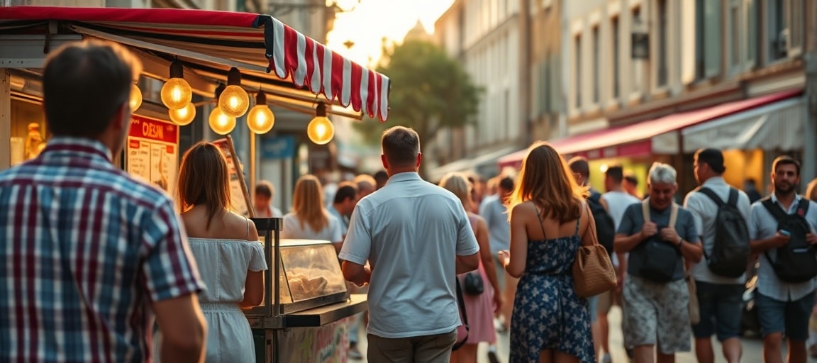 La vente en situation: clients et ambiance de marché — machine glace italienne camion