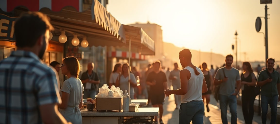 Vente en situation: marché et front de mer — machine glace italienne camion