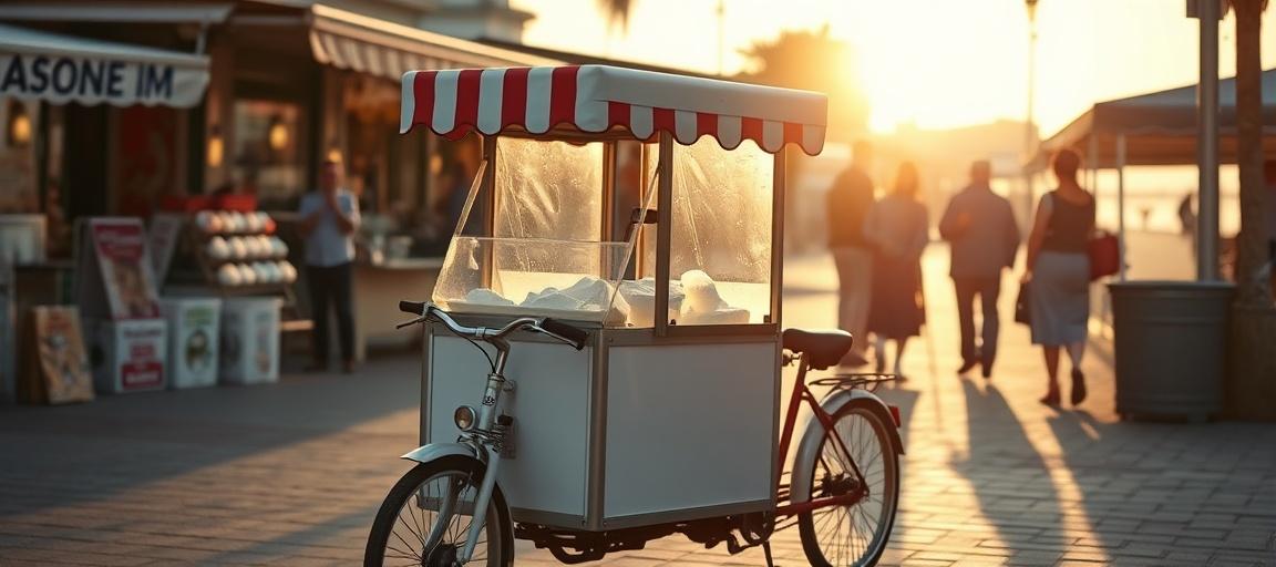 Triporteur en action : vente en situation réelle — machine glace italienne camion