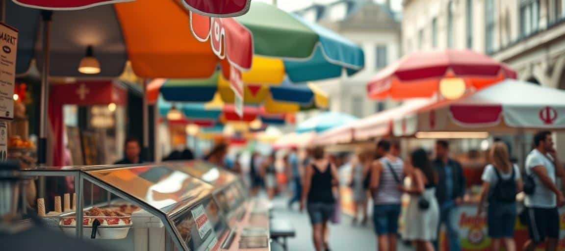 Situation de vente : marché de plein air en été — machine glace italienne camion