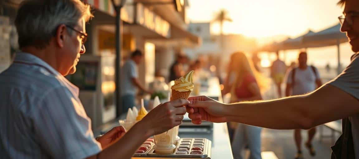 Situation de vente et ambiance client en action — machine glace italienne camion
