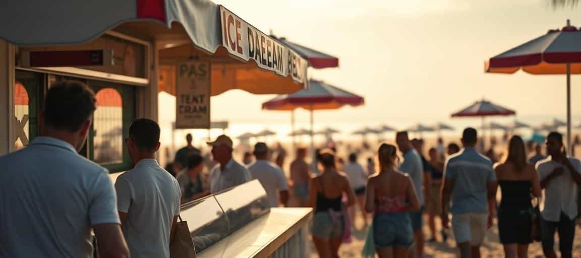 Ambiance de vente en bord de plage — machine glace italienne camion